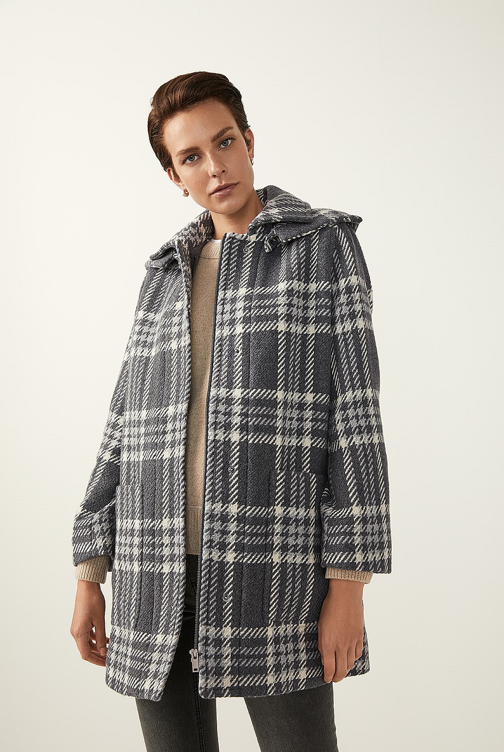 Check Wool Blend Duffle Coat