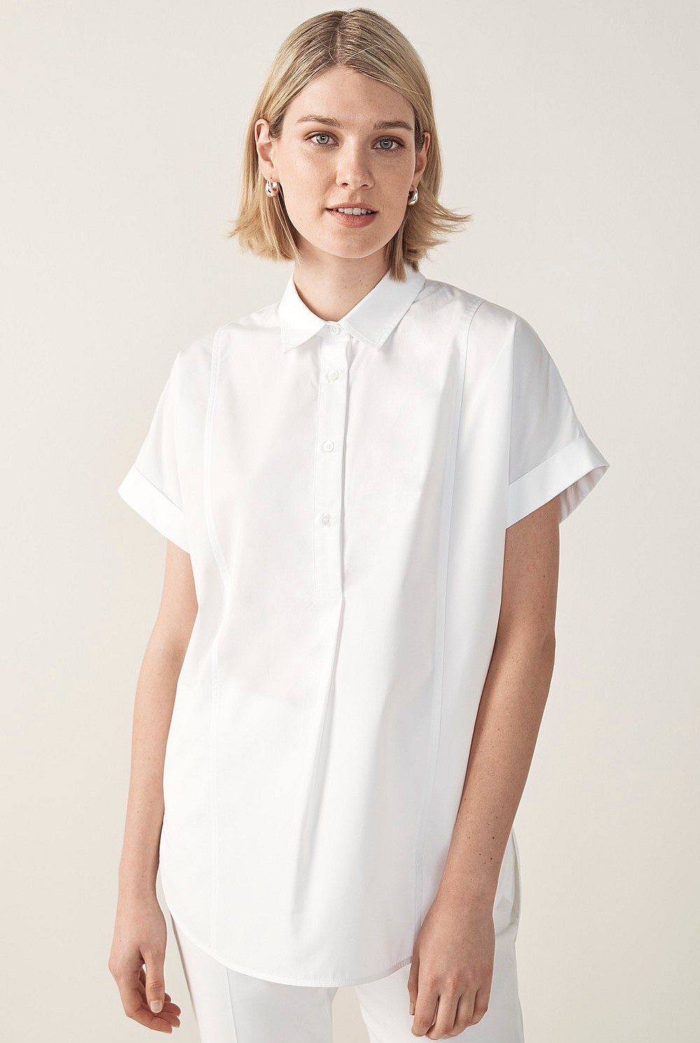 Cotton Poplin Short Sleeve Tunic Shirt