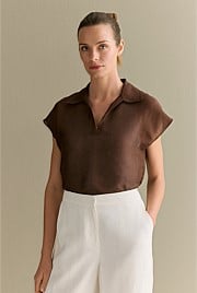 Linen Silk Crosshatch Collared Top