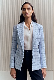 Cotton Blend Check Tweed Fray Double Breasted Blazer