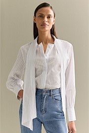 Yarn Dyed Cotton Stripe Tie Neck Shirt