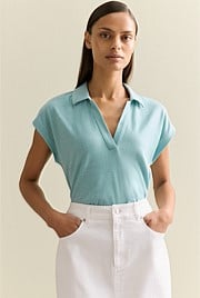 Linen Cotton Relaxed Cap Sleeve Polo