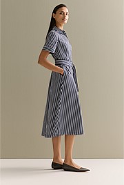 Cotton Poplin Stripe Print Shirt Dress