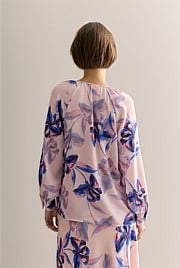 Silk Floral Collarless Raglan Blouse