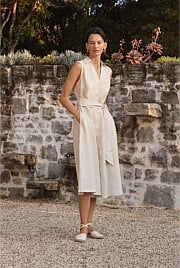 Yarn Dyed Linen Panel Detail Sleeveless Shirt Dress