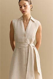 Yarn Dyed Linen Panel Detail Sleeveless Shirt Dress