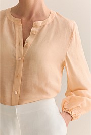 Linen Silk Collarless Long Sleeve Blouse