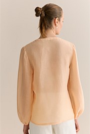 Linen Silk Collarless Long Sleeve Blouse