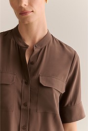 Silk Collarless Pocket Detail Shirt