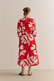 Stencil Palm Blouson Sleeve Tie Waist Dress