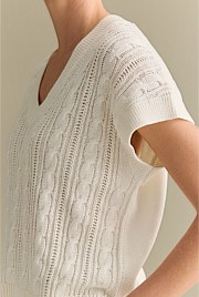 Mercerised Cable Knit Relaxed V Neck Top